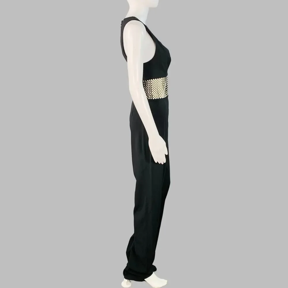 LA PERLA 4 Black White Viscose Blend Faux Pearl Embellishment V-Neck Jumpsuit - Picture 3 of 9